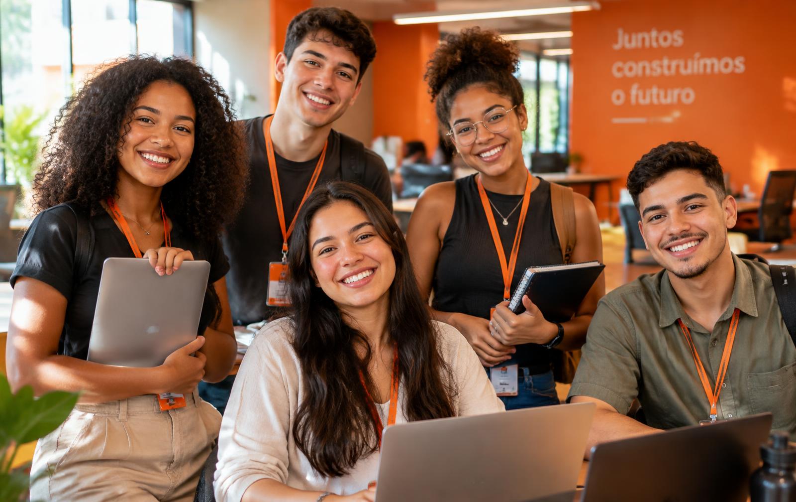 Jovens estagiários sorrindo no escritório